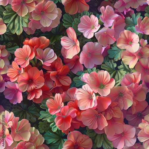 Bright 3D geraniums, clustered in a seamless garden pattern. Seamless Pattern, Fabric Pattern, Tumbler Wrap, Mug Wrap.