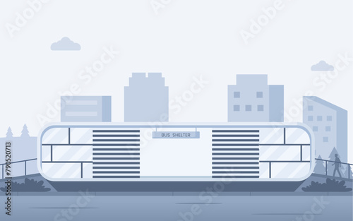 Modern bus stop shelter on city street. Urban landscape with public transport station, house, office, car road with pedestrian walk, vector cartoon illustration (ID: 790520713)