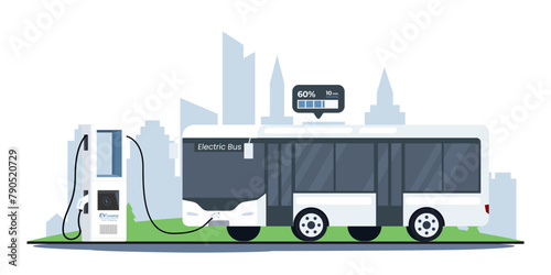 Bus charging the energy in the station. The white electric public transport concept in the city of the future in a charging station. Green energy. flat illustration of the car refueling concept (ID: 790520729)