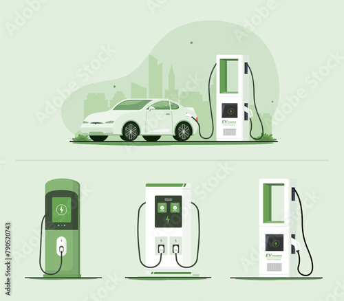 Flat illustration set of various types of charging stations for electric vehicles. electric car charging in the charging station. 