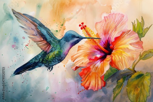 A colorful hummingbird hovering in front of a vibrant hibiscus flower in watercolors  sipping nectar with its long beak  symbolizing freedom and the fleeting beauty of life