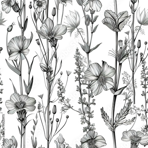 3D sketches of wildflowers, their fine details popping in a continuous pattern. Seamless Pattern, Fabric Pattern, Tumbler Wrap, Mug Wrap.