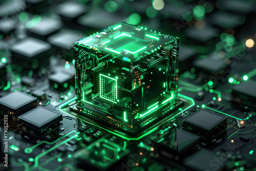 Quantum computer chip with neon green illumination. 