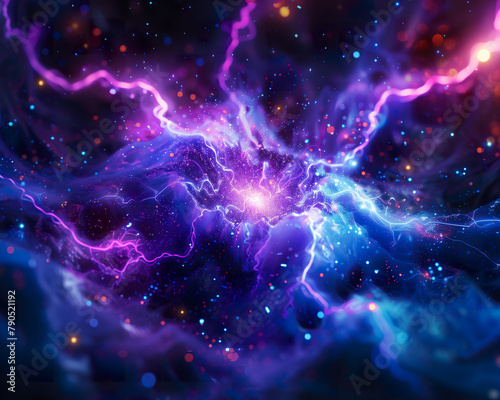 Quantum computing core with electric blue and purple sparks. 