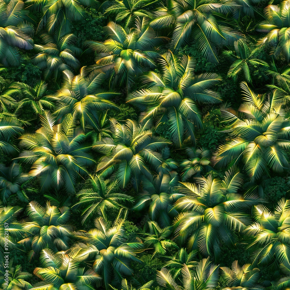 Obraz premium Aerial view of a 3D palm grove, the trees forming a lush, green maze. Seamless Pattern, Fabric Pattern, Tumbler Wrap, Mug Wrap.