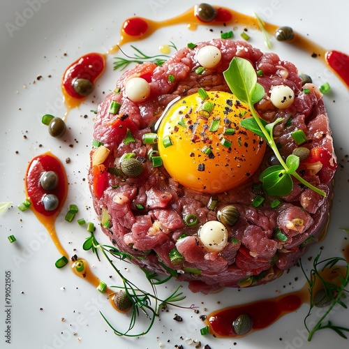 Luxurious beef tartare with quail egg and capers