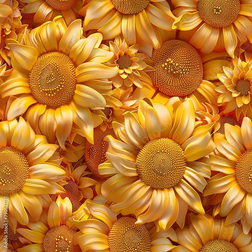 A seamless pattern of 3D sunflower heads, closely packed and full of texture. Seamless Pattern, Fabric Pattern, Tumbler Wrap, Mug Wrap.