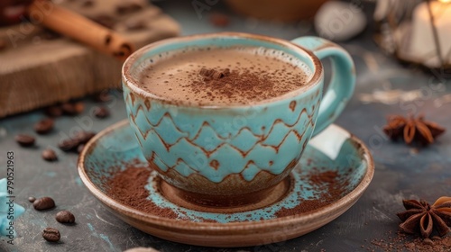 A ceramic cup on the table with a serving of cappuccino