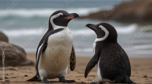 Closeup of two isolated cute humboldt penguins on blurred beach background, conversation between the water birds.generative.ai  photo