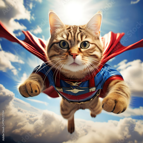 superhero cat on the sky punch gesture photo