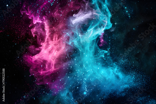 Luminous neon galaxy with teal and magenta celestial elements. Exquisite art on black background.