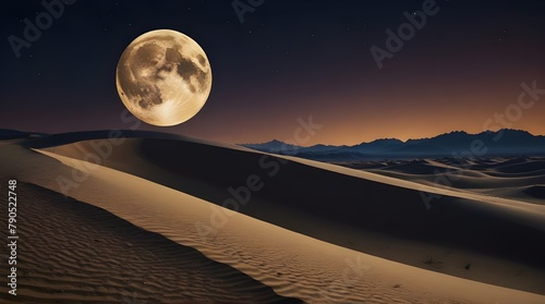 Abstract sand dunes landscape with moon at night. 3D modern art mural wallpaper with matte dark blue background. Dark landscape with stars and moon. Minimalistic style.generative.ai 