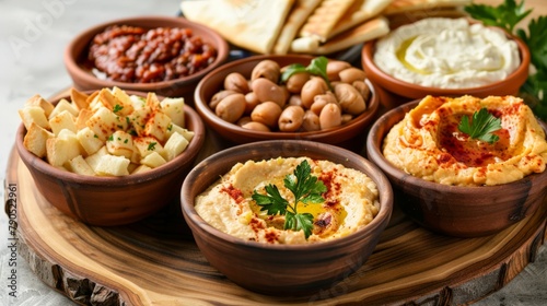 Middle Eastern hummus platter with pita bread © dfc22