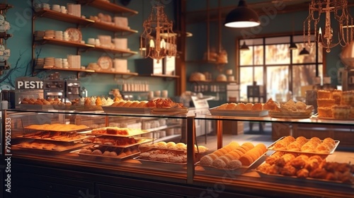 Assortment of delicious pastries on counter in cafe, closeup