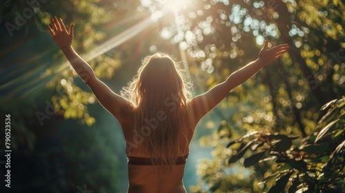 Girl in a bikini standing in a forest with her arms outstretched photo
