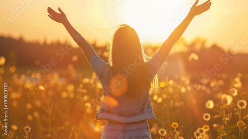 girl standing in a field of flowers with her arms in the air photo