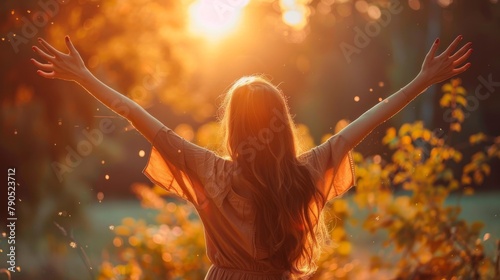 girl standing in a field of flowers with her arms outstretched, enjoying the warm sunlight