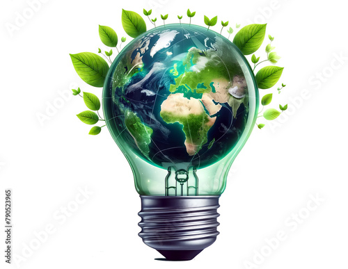 A vibrant globe within a light bulb, surrounded by leaves, symbolises green energy and eco-innovation. photo