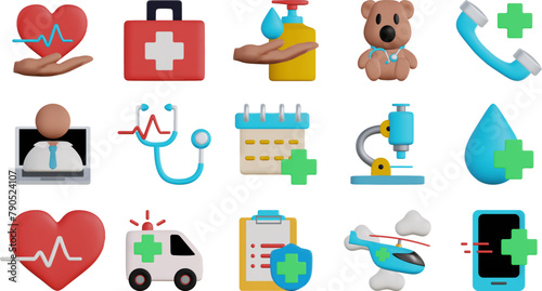 3D Cartoon Icons Set of Hospital and Medical Care. 3D Realistic Vector Illustration.