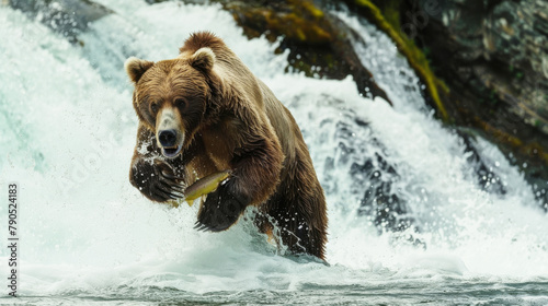 Brown bear catching a salmon fish at the waterfall. photo