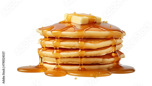 stack of pancake with honey syrup on the white plate on isolated transparent background, Generative AI