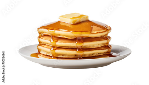 stack of pancake with honey syrup on the white plate on isolated transparent background, Generative AI