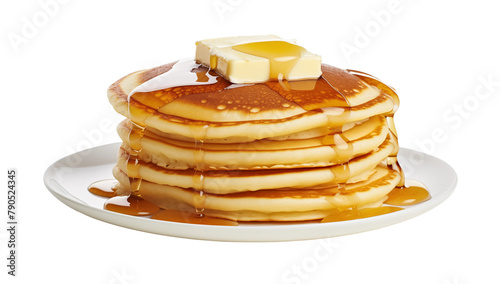 stack of pancake with honey syrup on the white plate on isolated transparent background, Generative AI