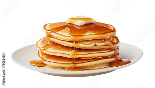 stack of pancake with honey syrup on the white plate on isolated transparent background, Generative AI