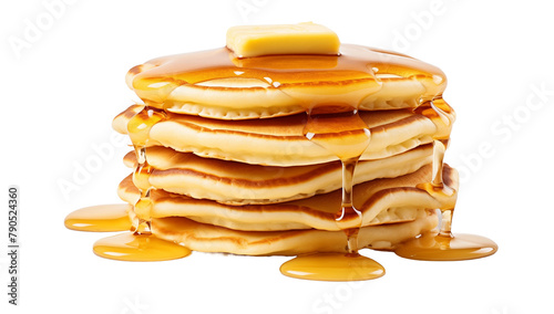 stack of pancake with honey syrup on the white plate on isolated transparent background, Generative AI