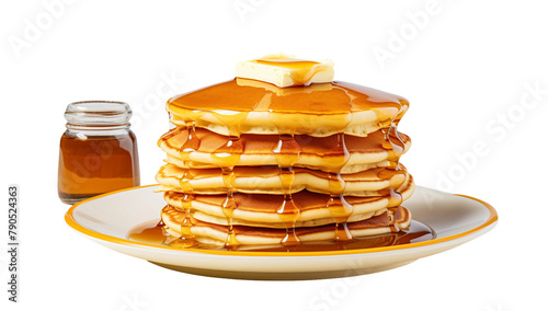 stack of pancake with honey syrup on the white plate on isolated transparent background, Generative AI