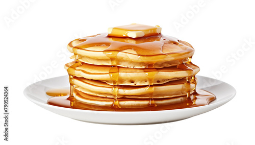 stack of pancake with honey syrup on the white plate on isolated transparent background, Generative AI