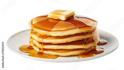 stack of pancake with honey syrup on the white plate on isolated transparent background, Generative AI