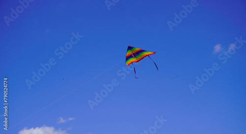 A kite flies in the blue sky