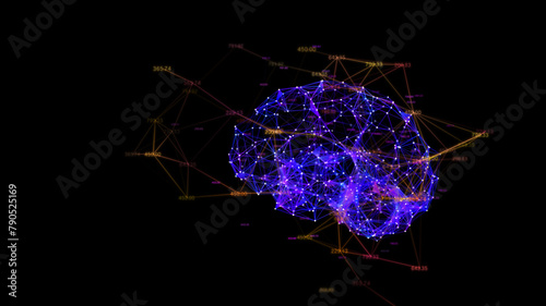 Digital brain  and number running, Plexus dot and line animation. Isolated on black background.
