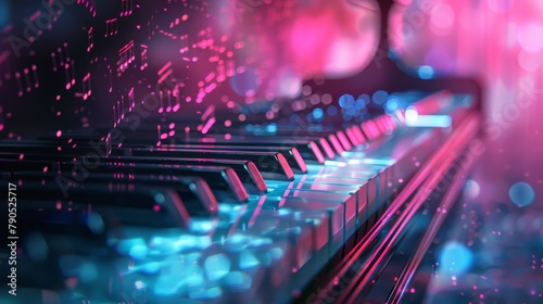 Piano keys with glowing pink and blue light. photo