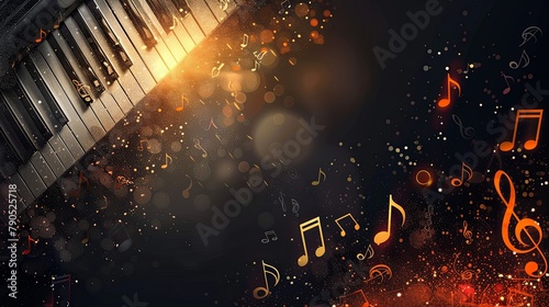 piano keys with glowing orange musical notes on a black background photo
