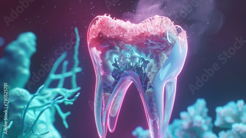Pink and blue glowing tooth with visible nerves and roots. photo
