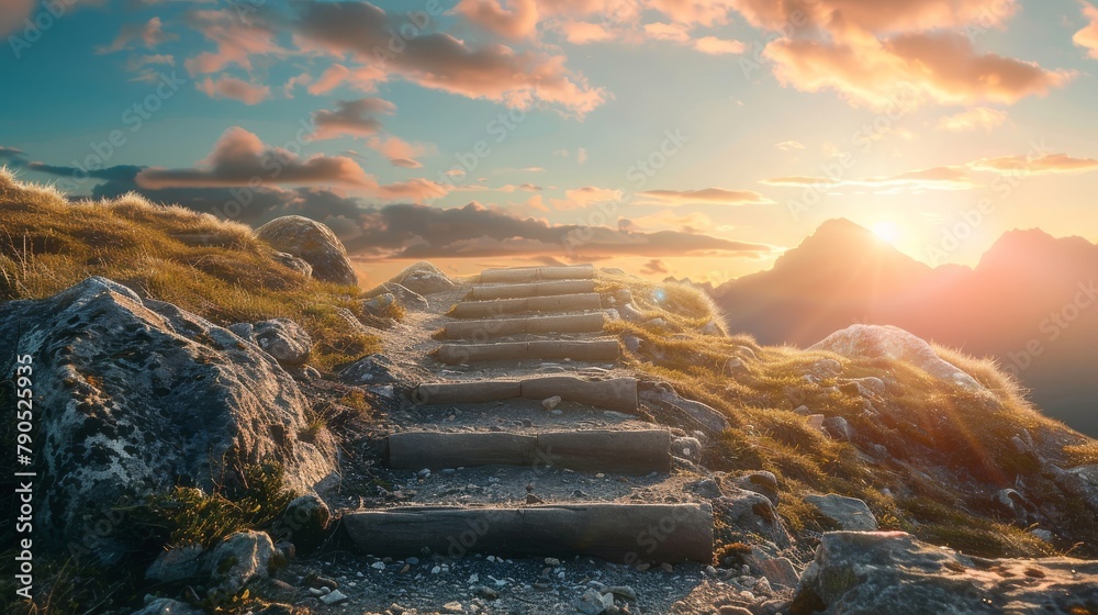 Stone steps lead up to a mountain peak with clouds and sun rays in the background sky at sunset. Beautiful landscape with road leads up to cross. Religion concept.Christianity background Concept  - obrazy, fototapety, plakaty 