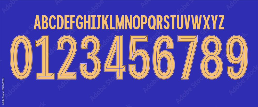 font vector team 2023 - 2024 kit sport style font. chelsea font. football style font with lines inside. sports style letters and numbers for soccer team.