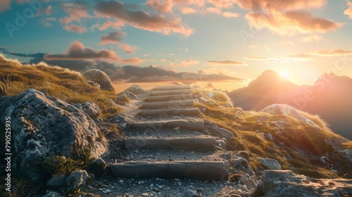 Stone steps lead up to a mountain peak with clouds and sun rays in the background sky at sunset. Beautiful landscape with road leads up to cross. Religion concept.Christianity background Concept  photo