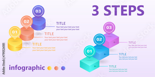 Business infographics. Positive growth stairs of 3 steps made of cylinders and cubes. 3 D. Vector illustration.