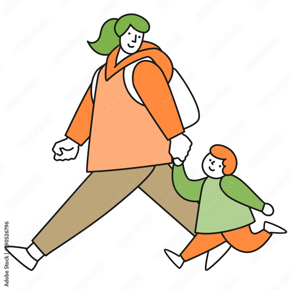 手をつないで歩く母親と男の子