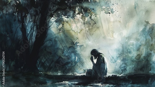 A poignant scene of Jesus praying in the Garden of Gethsemane, with dark, emotive watercolors