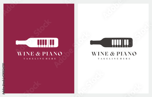 Piano Wine Music Bar concept logo design vector sign illustration template