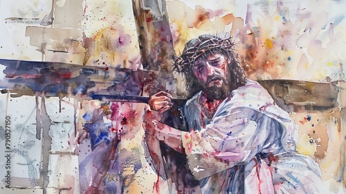 Jesus carrying the cross along the Via Dolorosa, rendered in powerful, expressive watercolor hues