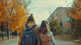 Two girls with backpacks walking away from the camera on an autumn day
