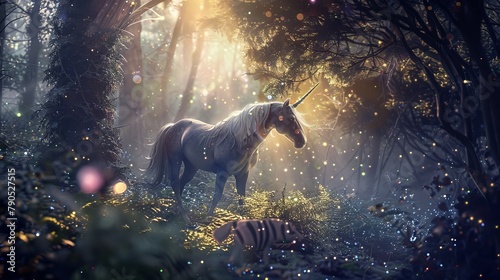 Fantasy Unicorn in Magical Woods with Ethereal Glow. photo