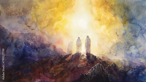 The Transfiguration of Jesus on the mountain, captured in radiant watercolor glows and ethereal light photo