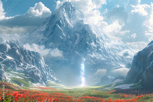 A serene meadow at the base of a snowcapped mountain, where a mysterious portal shimmers with otherworldly energy photo