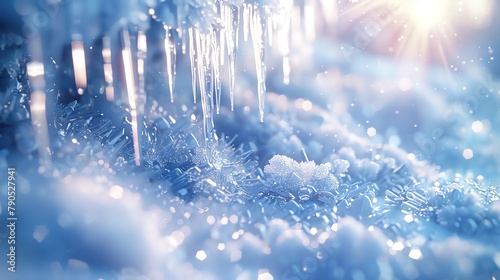 A snowy landscape dotted with glittering icicles and sparkling crystals